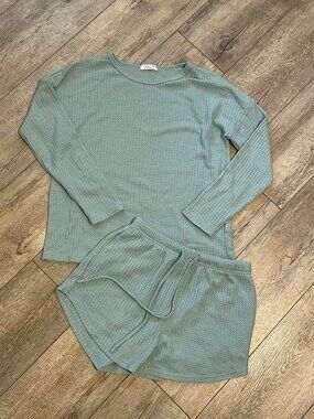 Women’s Matching Set, Ekouaer Seafoam Waffle Knit Shirt and Shorts with Pockets